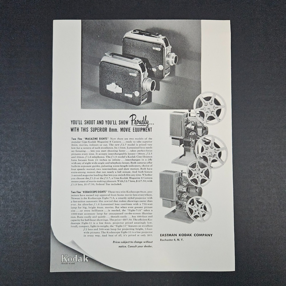 1951 Kodak Magazine Kodascope Eight Movie Camera Projector Vintage Print‎ Ad